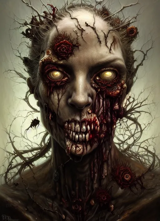 Image similar to portrait shot of a rotting zombie, intricate, elegant, highly detailed, centered, digital painting, artstation, concept art, smooth, sharp focus, illustration, artgerm, tomasz alen kopera, peter mohrbacher, donato giancola, joseph christian leyendecker, wlop, boris vallejo