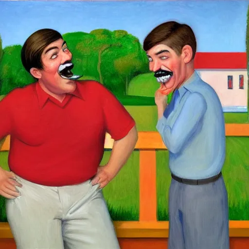 Image similar to long shot of a man with brown hair and mustache laughing with a short brown hair boy with red shirt by pj crook, edward hopper, oil on canvas