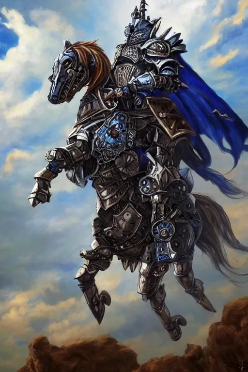 Image similar to a full body shot of an azure knight riding a mechanical steampunk horse across the sky by Kentaro Miura, Wolf themed armour, moonlit, colored by Ronda Pattison, heavy armor, blue flame trail, dark colors, highly detailed, trending on artstation, CGsociety, exquisite detail, post-processing, masterpiece, volumetric lighting, cinematic, hypermaximalistic, high details, cinematic, 8k resolution, beautiful detailed, insanely intricate details