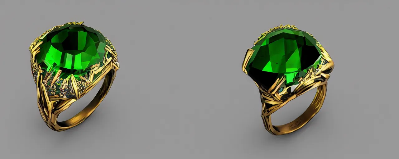 Prompt: simple magic crystal ring of poison, radiant cut, green, gold, black, purple. smooth shank, setting, prongs, crystal, engravings, diamonds, product design, jewelry, colorful, art by gerald brom, greg rutkowski and artgerm, photo realism, unreal engine, c 4 d