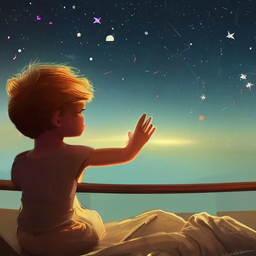 Image similar to Kid watching the stars and galaxies on the night sky, digital art, detailed, realistic, artstation