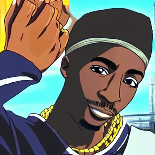 Image similar to Tupac Shakur, screenshot from a 2012s anime