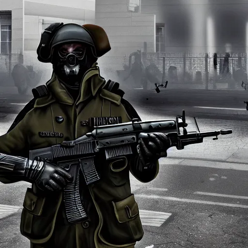 Prompt: metrocops from half - life 2 patrolling streets of warsaw, digital art, very very creepy, dystopian, high quality render, military art, highly detailed guns