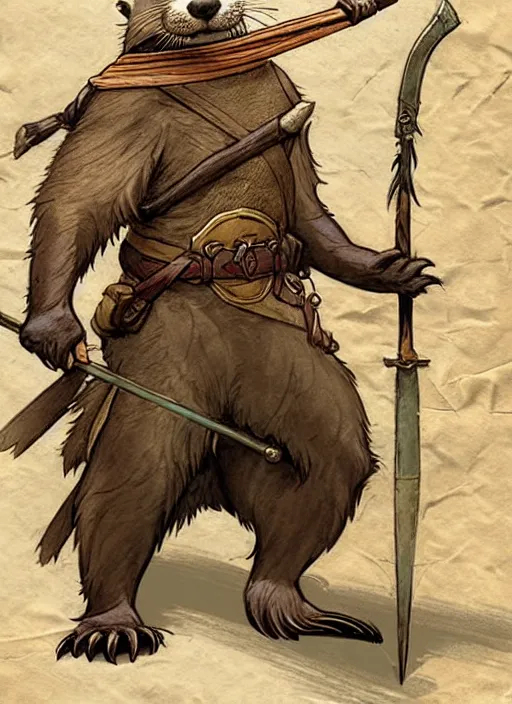 Image similar to a heroic otter scout with spear on a parchment background, redwall, greg rutowski and jean baptiste monge, detailed, epic fantasy concept art