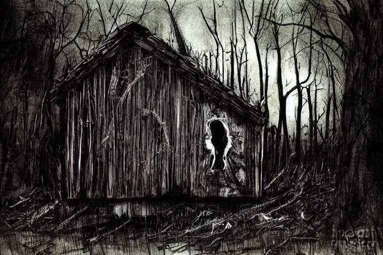 Prompt: mad horror painting of a cabine in the woods by ben templesmith