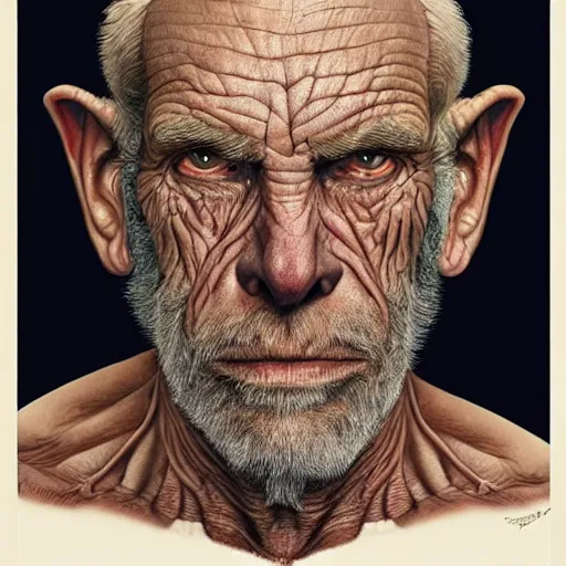 Image similar to centered detailed portrait of an old ugly mutant smuggler, without a nose and with rough dark dirty skin showing the thin veins underneath::art by James Christensen and Artgerm and Sophie Anderson::realistic character concept, single face, insanely detailed and intricate, beautiful, elegant, golden ratio, identical eyes, gazing eyes, beautiful eyes, slender symmetrical face and body::::post apocalyptic, Fallout style, destroyed city on background::medium shot, elegant pose, science fiction, illustration, artstation, cinematic lighting, dramatic lighting, volumetric lighting, Global Illumination, hyperdetailed, cgsociety, 8K, 4K, high resolution, vfx