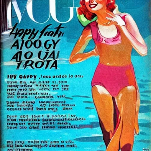 Prompt: a 1 9 2 8 colorful cover of vogue. happy, healthy, beautiful, smiling, sporty, glowing greta garbo in decent swim wear.