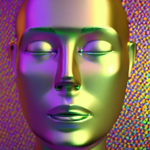 Image similar to 3d render of holographic human robotic head made of glossy iridescent, surrealistic 3d illustration of a human face non-binary, non binary model, 3d model human, cryengine, made of holographic texture, holographic material, holographic rainbow, concept of cyborg and artificial intelligence