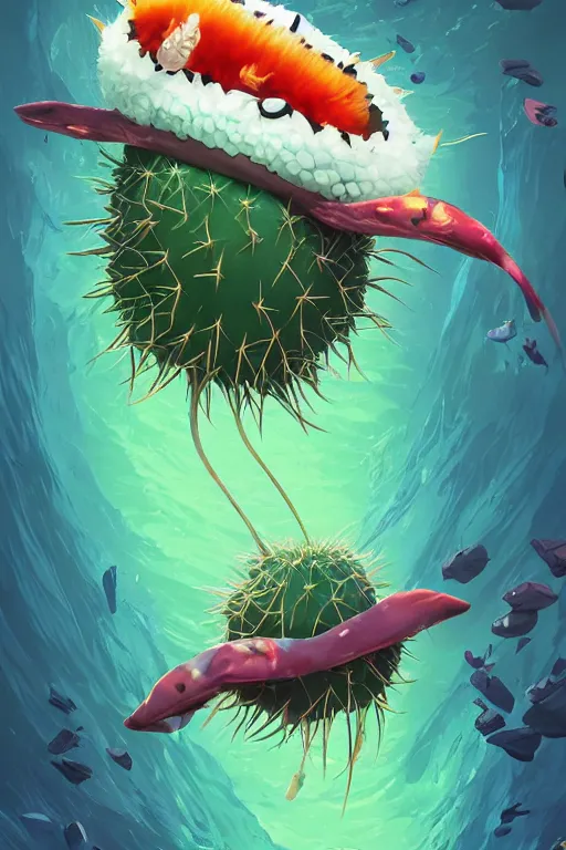 Image similar to 3 d render creature animal sushi cristal very big eye roots cactus elemental flush of force nature micro world fluo fishscale, comics gta 5 cover, official fanart behance hd artstation by jesper ejsing, by rhads, makoto shinkai and lois van baarle, ilya kuvshinov, ossdraws