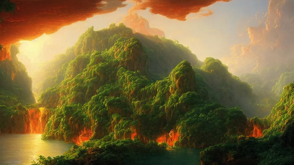 Image similar to very detailed and perfectly readable fine and soft relevant out of lines soft edges painting by beautiful walt disney animation films of the late 1 9 9 0 s and thomas cole in hd, we see a lava world, nice lighting, perfect readability