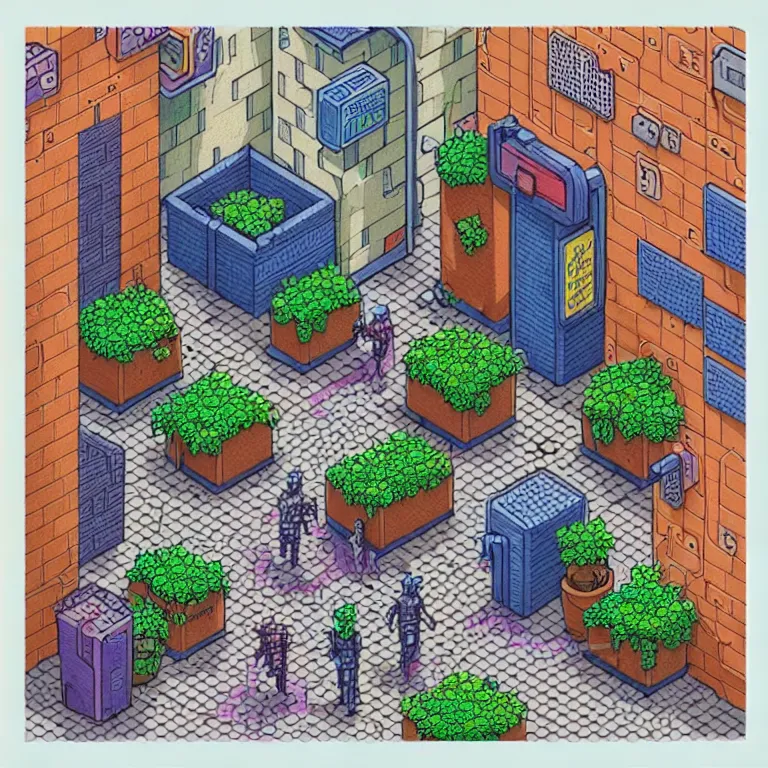 Prompt: an absurdly-detailed isometric cyberpunk alleyway colored-pen drawing as a fancy square tile. Cats and Robots and Potted-Plants.