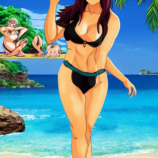 Image similar to danny devito wearing a bikini in the style of anime