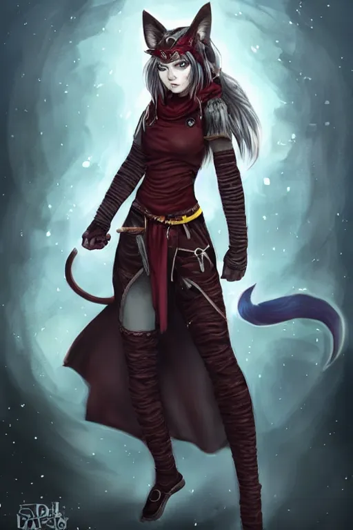 Prompt: Full body Picture of a Battle Mage, female, human cat hybrid, norse inspired, wearing two silver bracelets, dark brown skin, cat ears and tail, light red hair, bob haircut, crimson attire, exposed midriff, battle, detailed face features, dark green eyes, D&D, DND, by artgerm and Craig Mullins, James Jean, Andrey Ryabovichev, Mark Simonetti and Peter Morbacher, matte painting, trending on artstation, artstationHD, artstationHQ, octane, full HD, 16K, alluring, no aditional characters, no aditional arms, no aditional legs!