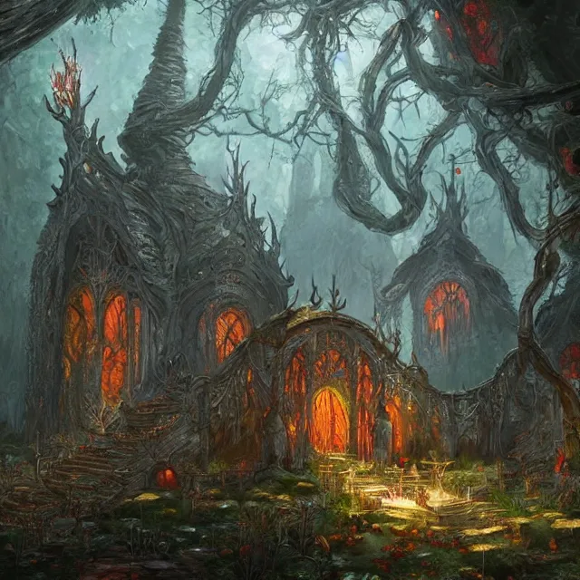 Image similar to the delicate bloodstone palace in the shadowstruck woods beautifully showcases elven architecture. oil painting by the award - winning concept artist