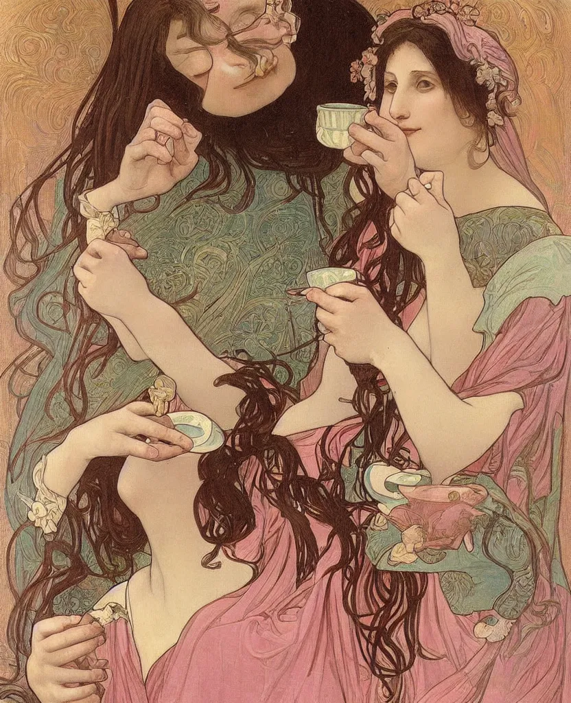 Image similar to a beautiful arrogant surreal greek lady drinking tea looking disdained, rennaisance painting, whimsical, pastel pink color palette, by leonardo da vinci and alphonse mucha