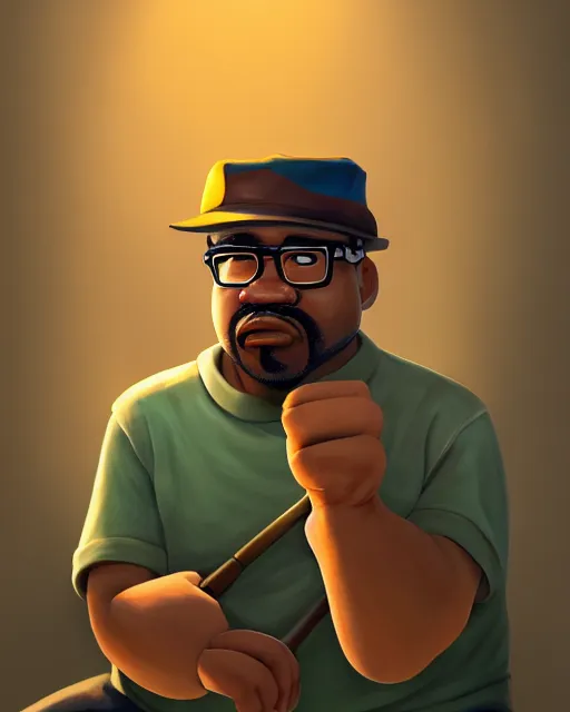 Image similar to painting portrait of big smoke, cartoon, warm lighting. movie poster, illustration by bartek fedyczak, erak note, tooth wu, neil richards, kan liu, siwoo kim, jisu choe, trending on art station