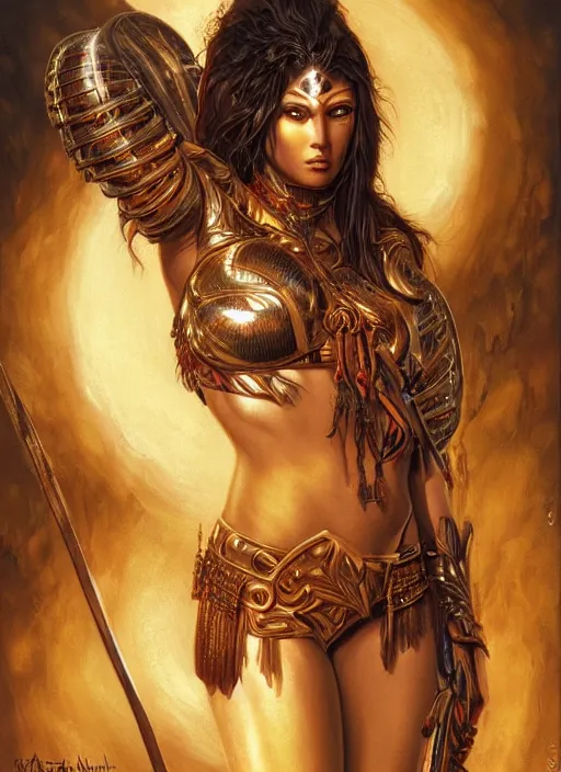 Image similar to a highly detailed symmetrical painting of a female amazon warrior with piercing beautiful eyes in dark tomb setting, dynamic lighting, ambient lighting, deviantart, art by artgerm and karol bak and mark brooks