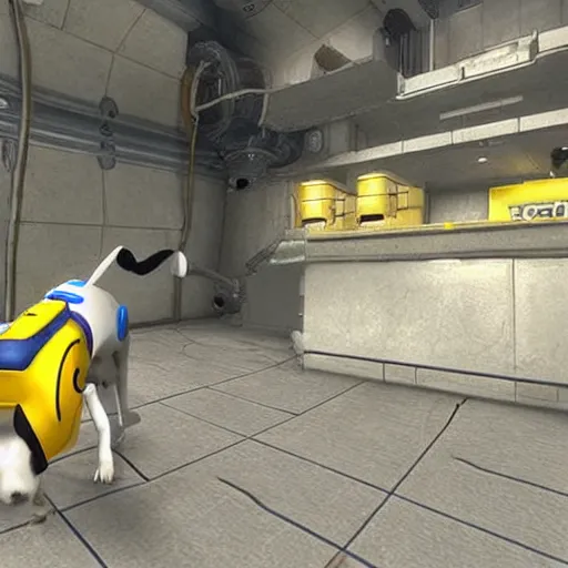 Prompt: A dog in Portal 2 shooting portals