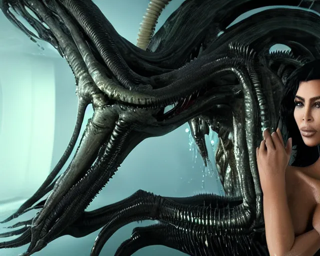 Image similar to film still of kim kardashian being licked by an xenomorph slathered in a transparent alien liquid, wet flowing hair, gooey skin, illustration, unreal engine 5, 8 k, directed by h. r. giger.