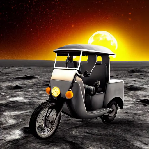 Image similar to a bajaj tuk tuk traveling on the surface of the moon, moon craters, night sky, milky way, hard lighting, matte painting, concept art, 4k