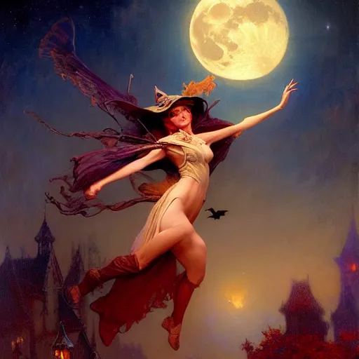 Image similar to attractive witch magically flying trough the night, fantasy, full moon in background. highly detailed painting by gaston bussiere, craig mullins, j. c. leyendecker 8 k