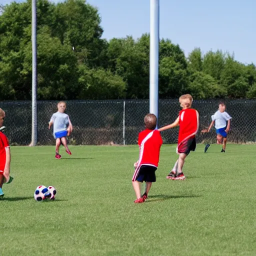 Prompt: boys playing soccer, hot day, parents watching