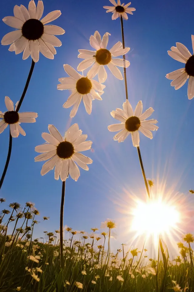 Prompt: low angle. shot from below. field of frozen daisy flowers. two suns in zenith. double sun. wide angle. lens flare, bokeh.