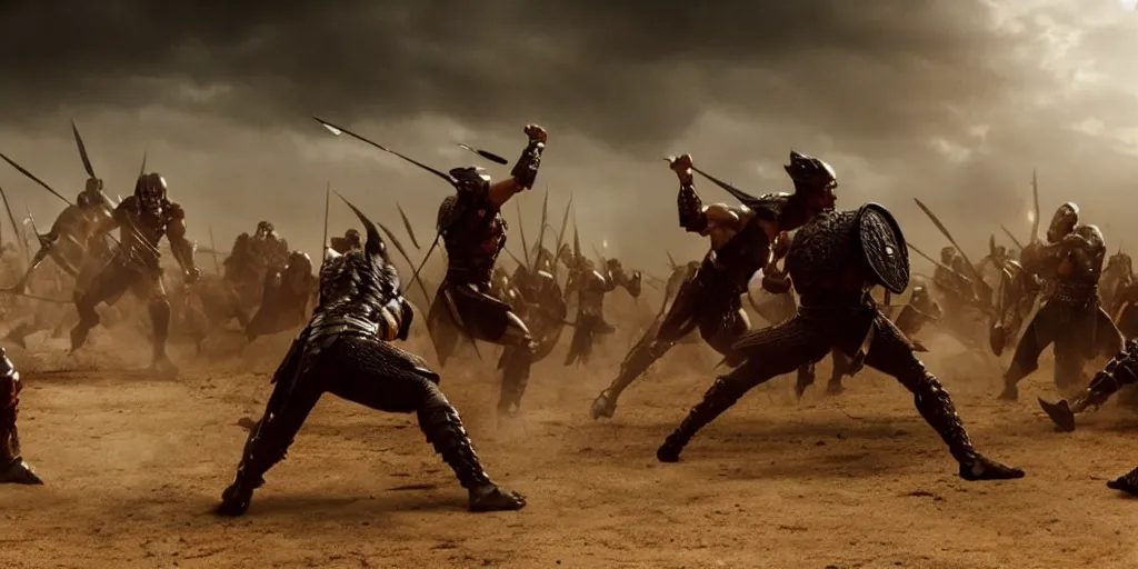 Image similar to epic battle screen of hero, film still from the movie'3 0 0'( 2 0 0 6 ), 3 d, 8 k realistic, cryengine, playstion 5 screen, cinematic lighting