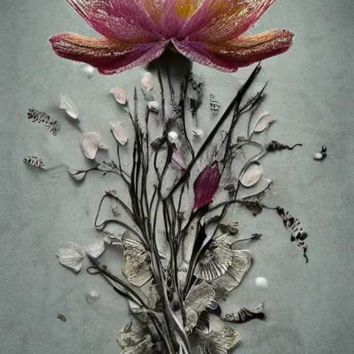 Image similar to The computer art is a beautiful and haunting work of art of a series of images that capture the delicate beauty of a flower in the process of decaying. The colors are muted and the overall effect is one of great sadness. knitting patterns by Craola meticulous