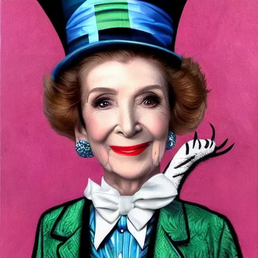 Prompt: nancy reagan dressed as the mad hatter, painted by mark ryden,