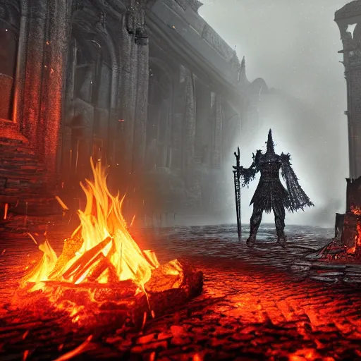 Prompt: soul of cinder boss from dark souls 3 standing in middle of a street, looking at a camp fire, evening time, heavy rain, rain water reflections in ground, digital illustration, crisp details, highly detailed art, 8k image quality, full body camera shot