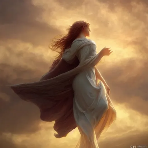 Image similar to cinematic shot collosoal size angel in the clouds sunset digital painting, artstation, concept art, soft light, hdri, smooth, sharp focus, illustration, fantasy, intricate, elegant, highly detailed, D&D, matte painting, in the style of Greg Rutkowski and Alphonse Mucha and artemisia, 8k, highly detailed, jurgens, rutkowski, bouguereau, pastoral, rustic, georgic