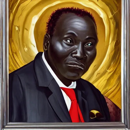 Image similar to a painting of a loving, caring fatherly wide forehead, aquiline nose, round face, XXL , generous, ever-present, humble, wise elder from Kenya in a silver suit and red tie by Wangechi Mutu . Fatherly/daddy, focused, loving, leader, relaxed. Gold background, heavenly lights, details, smooth, sharp focus, illustration, realistic, cinematic, artstation, award winning, rgb , unreal engine, octane render, cinematic light, macro, depth of field, blur, light and clouds, highly detailed epic cinematic concept art CG render made in Maya, Blender and Photoshop, octane render, excellent composition, dynamic dramatic cinematic lighting, aesthetic, very inspirational, arthouse.