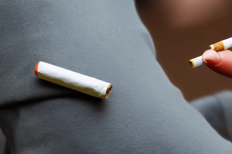 Image similar to Close-up of cigarette in five fingers, thin soft hand holding cigarette, hyper realistic, photographic style