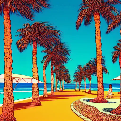 Prompt: a beautiful painting of a sunny day at a large beach filled with hundreds of palm trees by hiroshi nagai and hirohiko araki, detailed line art, vaporwave color scheme