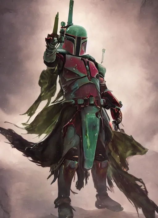 Image similar to arcane wizard x boba fett, fantasy inspired boba fett as a wizard in a scenic environment, 3 d digital art, character mashup, epic volumetric lighting, combination art, photorealistic, sharp focus, aesthetic, inspired by studio ghibli