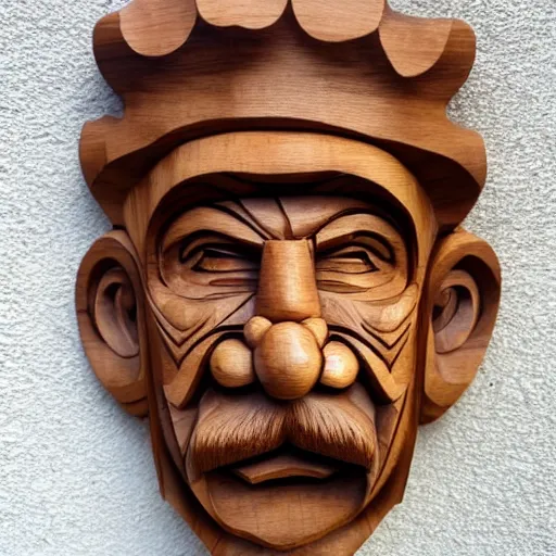 Image similar to abstract walnut wood carving of mario. Intricate details, hand carved, warm tones