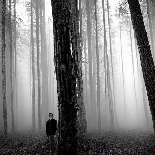 Prompt: A beautiful digital art of a man's head is floating in the air, surrounded by a halo of light. His eyes are wide open and his mouth is gaping in a scream. His hair is wild and his clothes are in tatters. Behind him is a dark, ominous forest. by Arthur Elgort subdued, ornamented