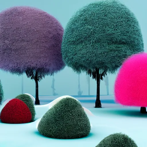 Image similar to Colorful fluffy trees made of fur in a field, octane render, volumetric lighting