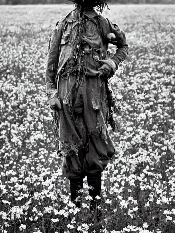 Image similar to human-like scarecrow wearing torn military clothes in beautiful meadow of flowers, ww1 photo, grainy, high detail, high resolution,