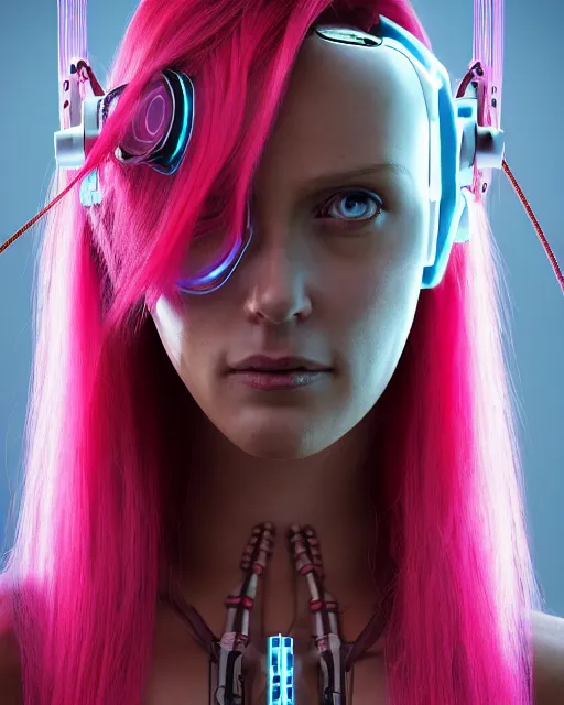 Image similar to portrait of a beautiful tanned woman with pink hair as a cyberpunk cyborg half robot, revealing wires and electronics, hooked - up, sci - fi, missing panels, intricate abstract upper body intricate artwork, concept art, octane render, deviantart, cinematic, key art, hyperrealism, iridescent accents, portrait photograph, nikon 3 5 mm, photograph by greg rutkowski