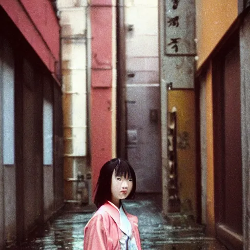 Image similar to 1990s perfect 8K HD professional cinematic photo of close-up japanese schoolgirl posing in sci-fi dystopian alleyway at morning during rain, at instagram, Behance, Adobe Lightroom, with instagram filters, depth of field, taken with polaroid kodak portra