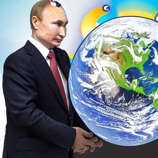 Prompt: photo of robotic putin holding earth in his hands