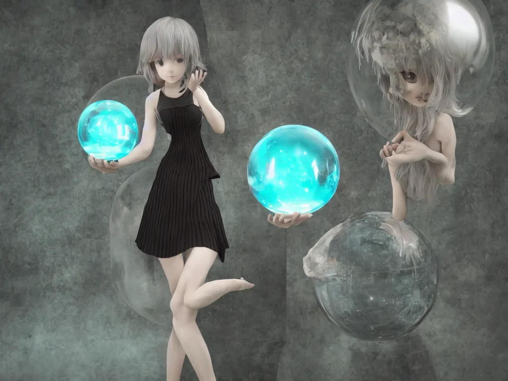 Prompt: cute fumo plush girl witch gazes into a giant crystal ball, gothic pagan goddess soothsayer, ritual magic, distorted glass, anime, vray