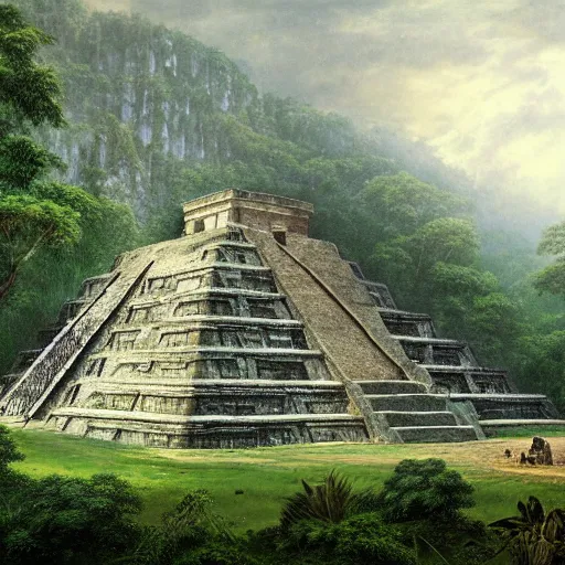 Image similar to a beautiful and highly detailed matte painting of a mayan pyramid ruin in a lush forest, intricate details, epic scale, insanely complex, 8 k, sharp focus, hyperrealism, by caspar friedrich,