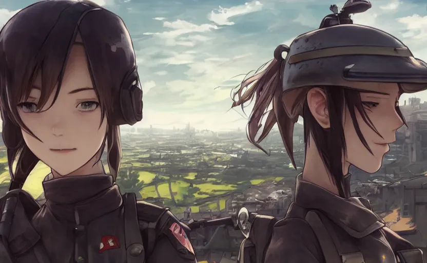 Image similar to panoramic view, girl, soldier clothing, battlefield in background, anime style, short hair, hair down, realistic anatomy, symmetrical facial features, from arknights, hyper realistic, 4 k, extreme detail, detailed drawing, trending artstation, safebooru, pixiv, realistic lighting, by alphonse mucha, greg rutkowski, sharp focus, backlit