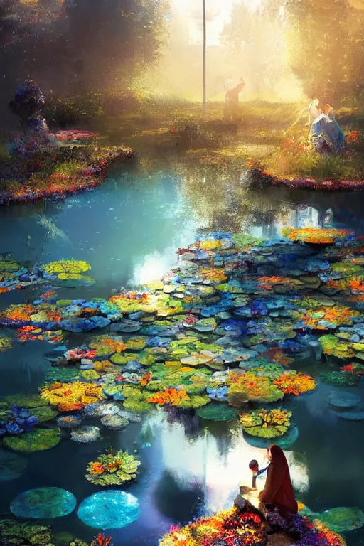 Image similar to nenufar in a pond, colorful, blue backgroung,clean, joyful, intricate, elegant, volumetric lighting, scenery, digital painting, highly detailed, artstation, sharp focus, illustration, concept art, ruan jia, steve mccurry