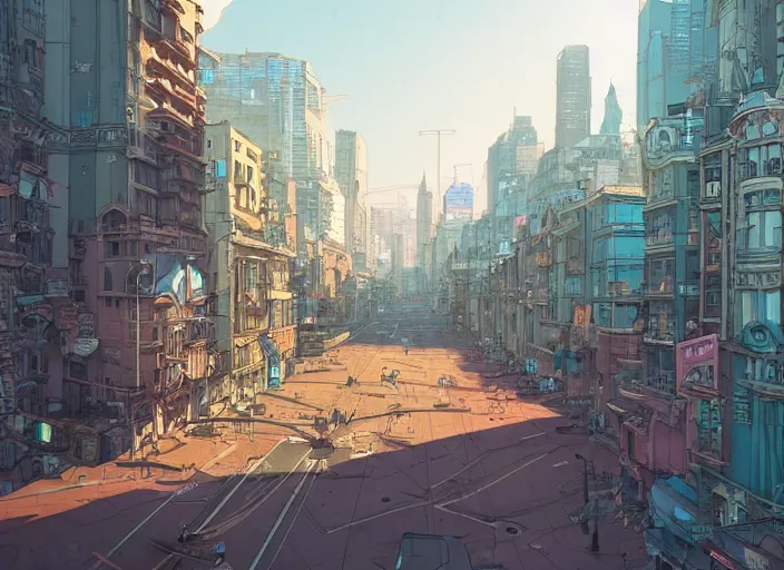 Prompt: a view of a city at street level, no cars. sharp focus, cinematic pose, cinematic lighting, unreal engine render. art by josan gonzales and moebius and deathburger.