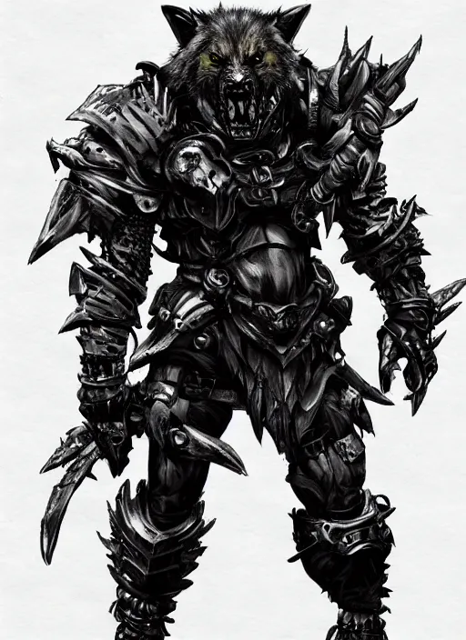 Prompt: Full body portrait of a scary gnoll wolf man. Armour made of human skulls. In style of Yoji Shinkawa and Hyung-tae Kim, trending on ArtStation, dark fantasy, great composition, concept art, highly detailed.