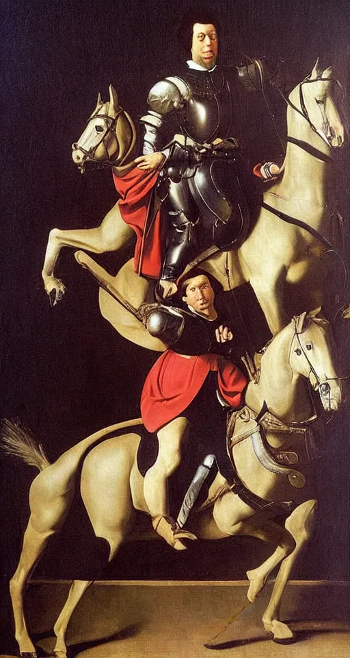 Prompt: a portrait of a Mario Draghi on horse and sword in hand, oil painting in a renaissance style , very detailed, painted by Caravaggio.